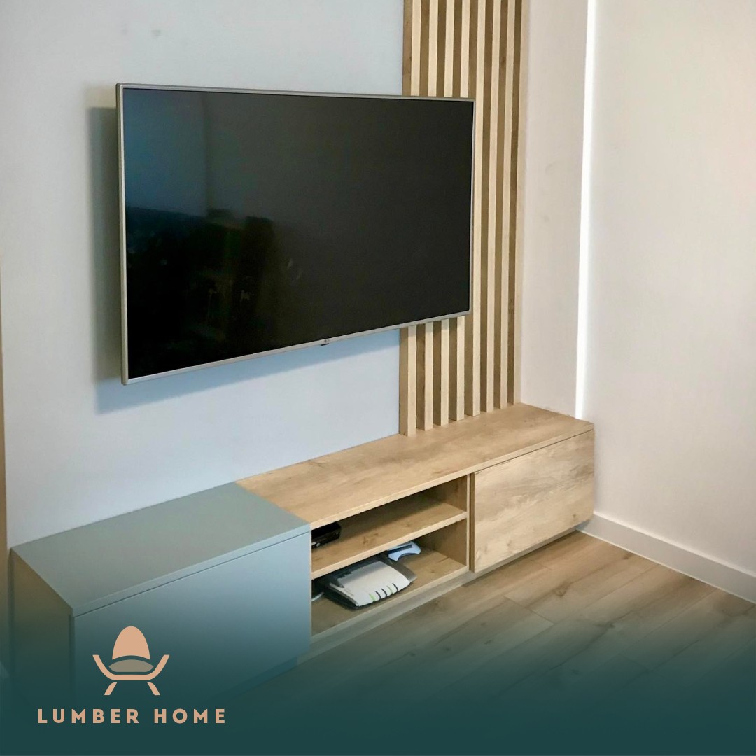 Wall-hung media unit with a timber slatted panel