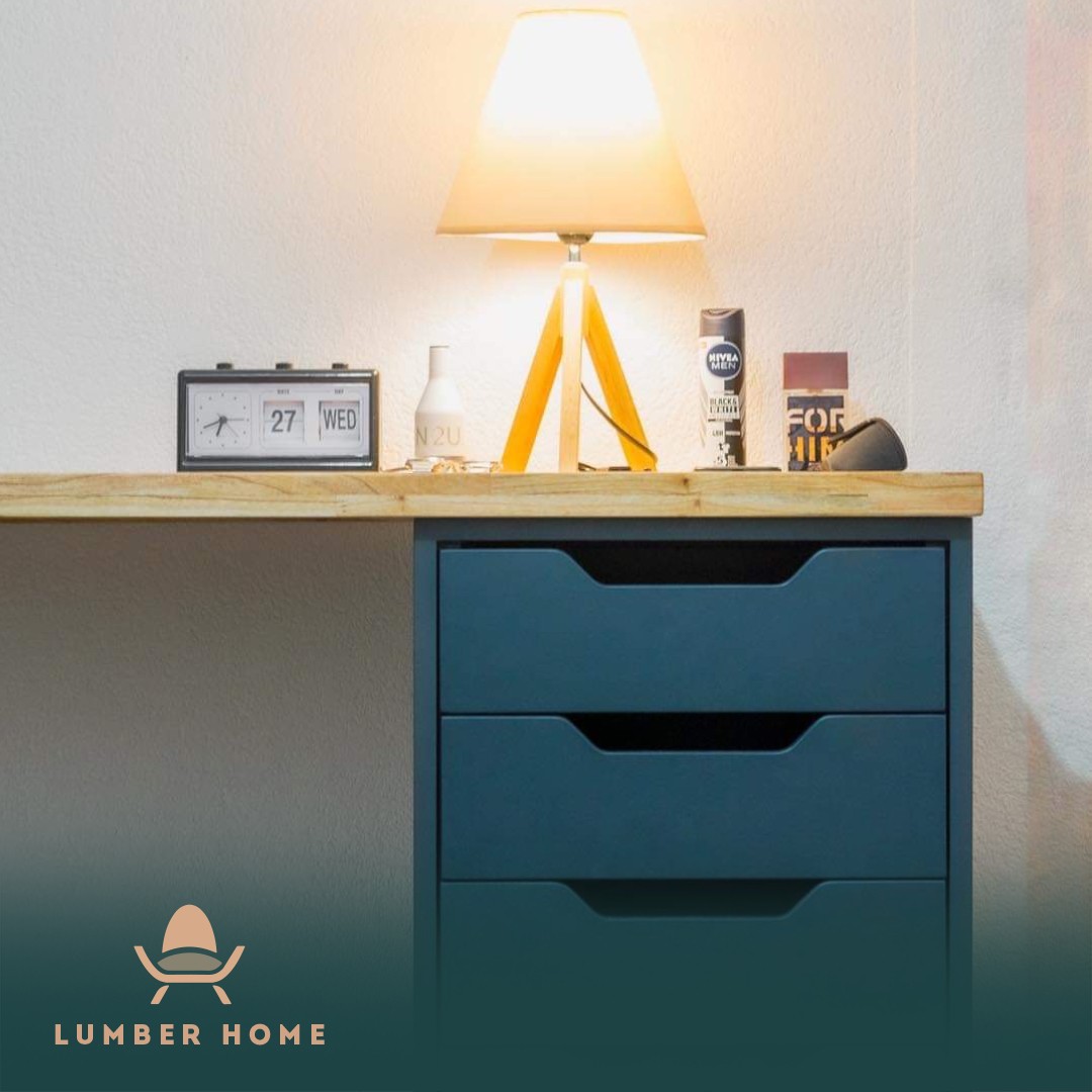 Desk with a solid timber top and blue drawers
