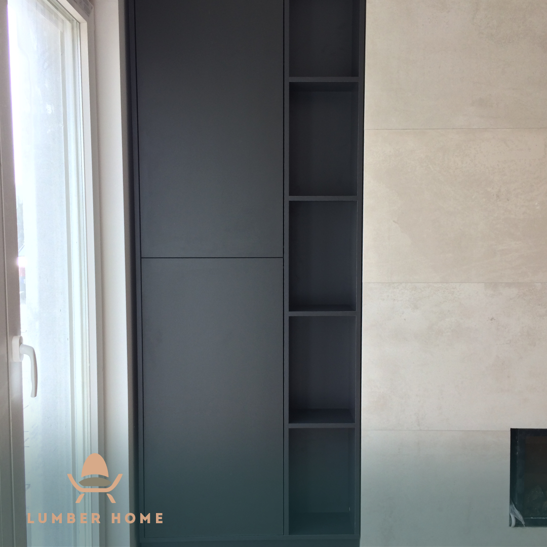 Tall unit with open shelving in graphite